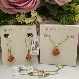 NWT Kendra Scott Framed Kendall Earrings+Necklace in Gold Bronze Veined Red